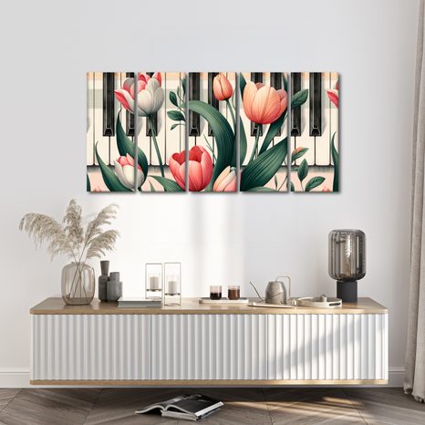 5-DÍLNÝ OBRAZ KLAVÍR A TULIPÁNY V KVĚTINOVÉ SYMFONII - OBRAZY KVĚTŮ - OBRAZY