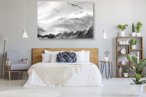 QUADRO SU TELA – VOLO DI UCCELLI SOPRA IL PAESAGGIO IN BIANCO E NERO - QUADRI BIANCO E NERO - STAMPE E QUADRI