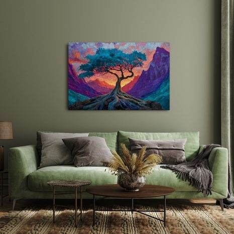 WANDBILD LEBENSBAUM IN DEN BERGEN - BILDER BÄUME DES LEBENS - BILDER