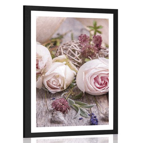 POSTER MIT PASSEPARTOUT FESTLICHE FLORALE KOMPOSITION VON ROSEN - BLUMEN - POSTER