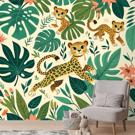 TAPETE NIEDLICHE LEOPARDENBABYS IM DSCHUNGEL - KINDERTAPETEN - TAPETEN
