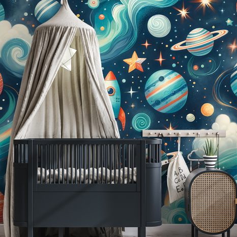 SELBSTKLEBENDE TAPETE BUNTER WELTRAUM MIT RAKETE - KINDERTAPETEN - TAPETEN