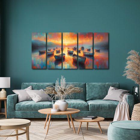 5-DÍLNÝ OBRAZ MALÉ LOĎKY V MALEBNÉM ZÁLIVU - OBRAZY MOŘE A PLÁŽ - OBRAZY