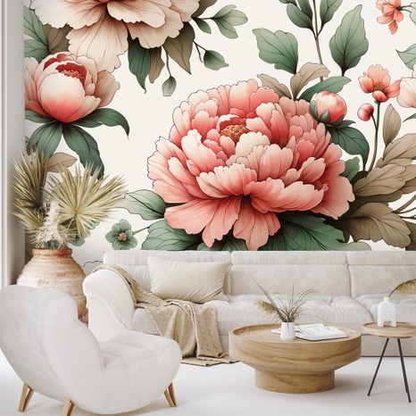 TAPETE ROMANTISCHE ROSA PFINGSTROSEN - TAPETEN MIT BLUMENMOTIVEN - TAPETEN