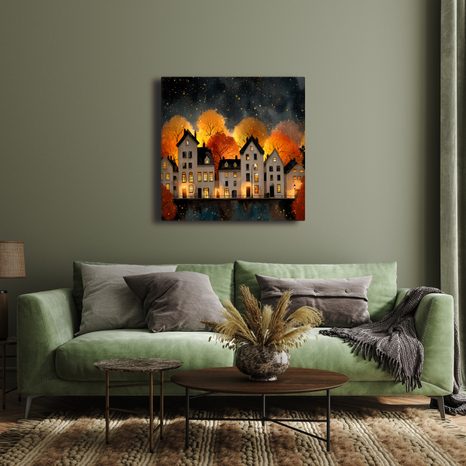 WANDBILD FESTLICH BELEUCHTETE HÄUSER BEI NACHT - BUNTE HÄUSER - BILDER