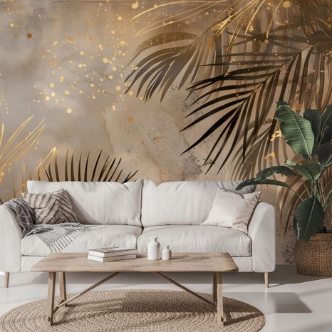 FOTOTAPET FRUNZE DE PALMIER AURII PE GRI - TAPETE FRUNZE - TAPETURI