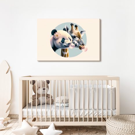 WANDBILD PANDA UND GIRAFFE MIT KAUGUMMIBLASE - KINDERBILDER TIERE - BILDER