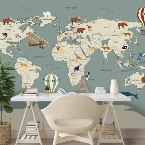 TAPETA ILUSTROVANÁ MAPA SVĚTA SE ZVÍŘATY - DĚTSKÉ TAPETY - TAPETY