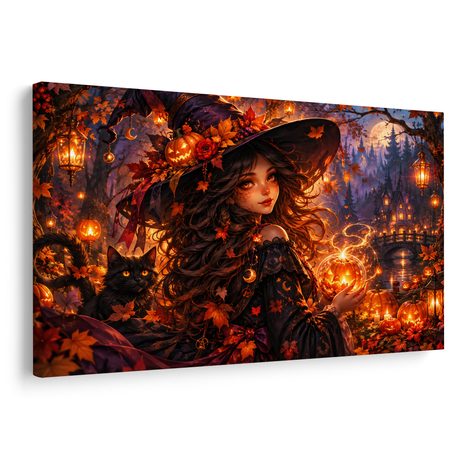 QUADRO SU TELA – STREGA INCANTATA CON ZUCCA - QUADRI HALLOWEEN E HORROR - STAMPE E QUADRI