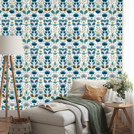 SAMOLJEPLJIVA TAPETA PLAVI CVJETOVI NA BIJELOJ POZADINI - TAPETE S UZORKOM - TAPETE