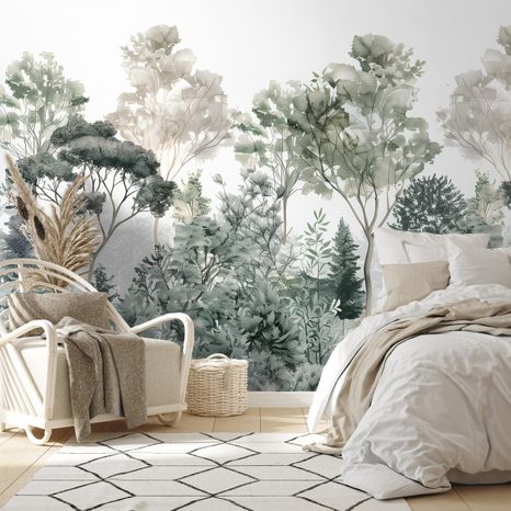 FOTOTAPET AUTOADEZIV PLANTE VERZI ÎN ACUARELĂ - TAPET COPACI - TAPETURI