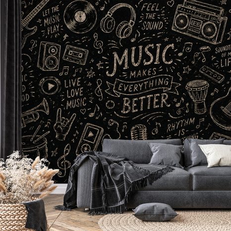 TAPETE MUSIKINSTRUMENTE UND ZITATE AUF SCHWARZ - MUSIK FOTOTAPETEN - TAPETEN