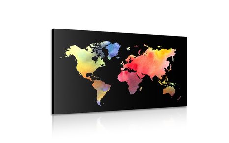 SLIKA ZEMLJEVID SVETA V AKVAREL IZVEDBI NA ČRNEM OZADJU - SLIKE ZEMLJEVIDI - SLIKE