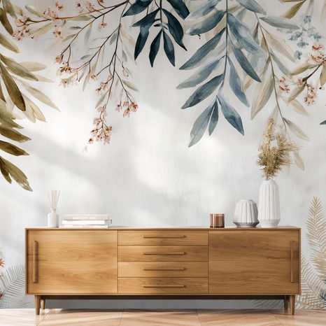 PAPIER PEINT PANORAMIQUE ADHÉSIF – FEUILLES ET FLEURS PASTEL - PAPIERS PEINTS FLEURS - PAPIERS PEINTS PANORAMIQUES