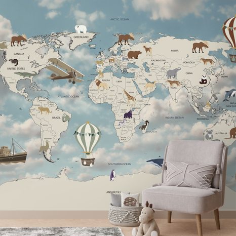 TAPETA ILUSTROVANÁ MAPA SVĚTA S BALÓNKY - DĚTSKÉ TAPETY - TAPETY