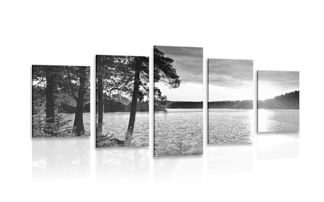 5-PIECE CANVAS PRINT SUNSET OVER THE LAKE IN BLACK AND WHITE - BLACK AND WHITE PICTURES - PICTURES