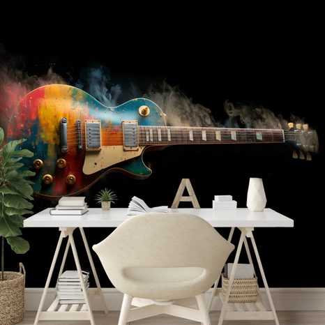 FOTOTAPETE BUNTE E-GITARRE IM RAUCH - MUSIK FOTOTAPETEN - TAPETEN