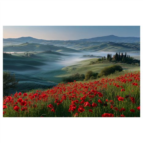 WANDBILD MORGENNEBEL ÜBER DEN HÜGELN - WANDBILDER FELDER UND WIESEN - BILDER