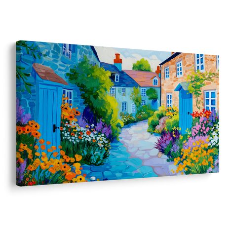 OBRAZ LETNÍ ULIČKA PLNÁ KVĚTIN - BAREVNÉ DOMY - OBRAZY