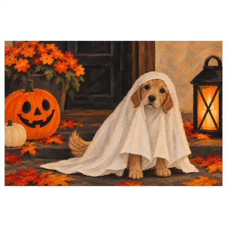 QUADRO SU TELA – CAGNOLINO FANTASMA CON ZUCCA - QUADRI HALLOWEEN E HORROR - STAMPE E QUADRI