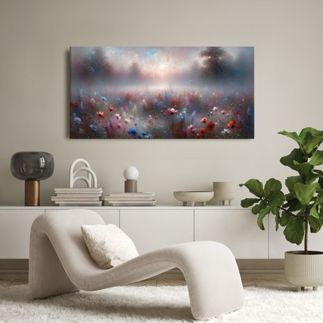 WANDBILD MORGENDLICHER NEBEL ÜBER BLUMEN - WANDBILDER FELDER UND WIESEN - BILDER