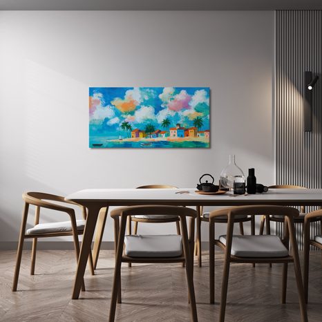 WANDBILD TROPISCHES PARADIES MIT SEGELBOOT - BUNTE HÄUSER - BILDER