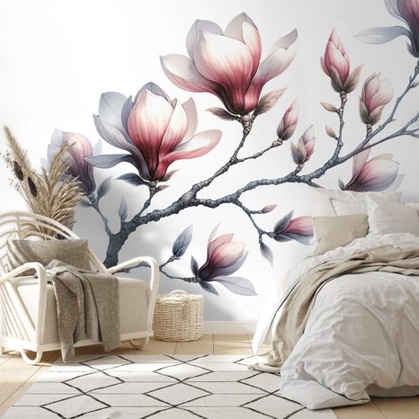 FOTOTAPETE ZARTE MAGNOLIEN AUF WEISSEM HINTERGRUND - MAGNOLIEN-TAPETEN - TAPETEN