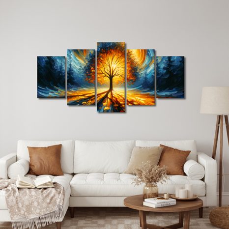 5-DÍLNÝ OBRAZ ZÁŘIVÝ STROM ŽIVOTA V OHNIVÝCH BARVÁCH - OBRAZY STROMY ŽIVOTA - OBRAZY
