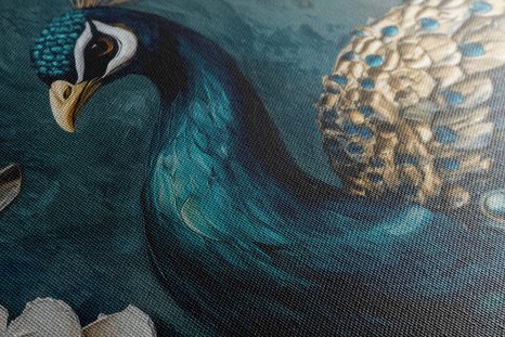 TABLOU PORTRETUL UNUI PĂUN PRINTRE FLORI - TABLOURI PĂUNI - TABLOURI