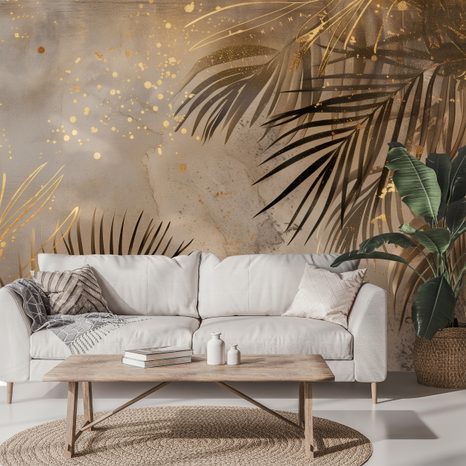 FOTOMURAL HOJAS DE PALMERA DORADAS SOBRE GRIS - FOTOMURALES - OUTLET 🔥