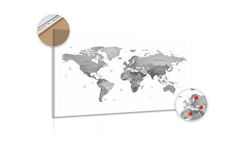WANDBILD AUF KORK WELTKARTE IN SCHWARZ-WEISSEN FARBEN - WANDBILDER AUF KORK - BILDER