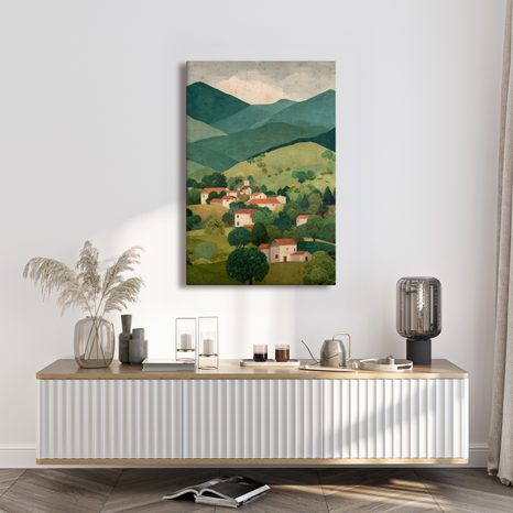 OBRAZ HORSKÉ PANORAMA S VESNICÍ - BAREVNÉ DOMY - OBRAZY