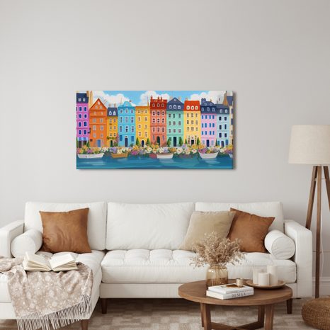 OBRAZ ROMANTICKÁ ŘEKA A DOMY - BAREVNÉ DOMY - OBRAZY