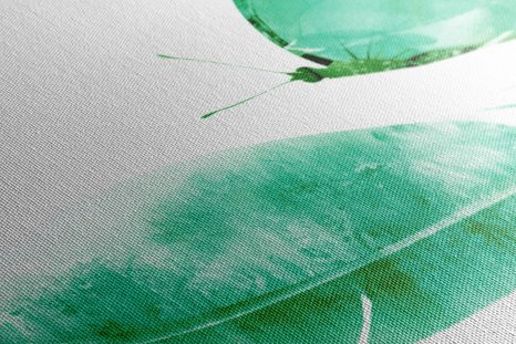 WANDBILD FEDER MIT EINEM SCHMETTERLING IN GRÜN - STILLLEBEN-BILDER - BILDER