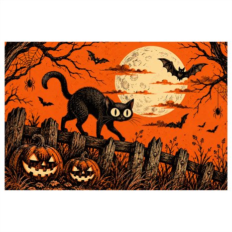 QUADRO SU TELA – GATTO NERO SOTTO LA LUNA - QUADRI HALLOWEEN E HORROR - STAMPE E QUADRI