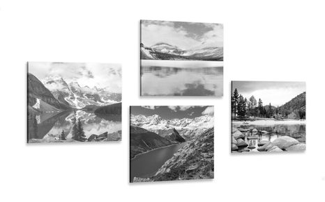 CANVAS PRINT SET CHARMING MOUNTAIN LANDSCAPES IN BLACK AND WHITE - SET OF PICTURES - PICTURES
