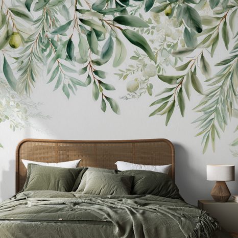 FOTOTAPET RAMURI DE MĂSLIN VERZI PE FUNDAL ALB - TAPETE FRUNZE - TAPETURI
