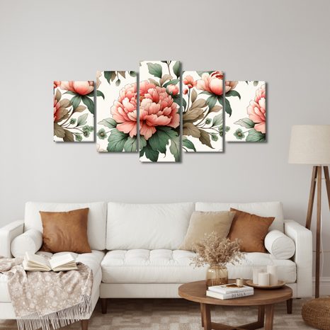 5-TEILIGES WANDBILD PFINGSTROSEN IN SANFTEN TÖNEN - BILDER BLUMEN - BILDER