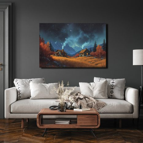 OBRAZ KOUZELNÁ ZIMNÍ KRAJINA - BAREVNÉ DOMY - OBRAZY