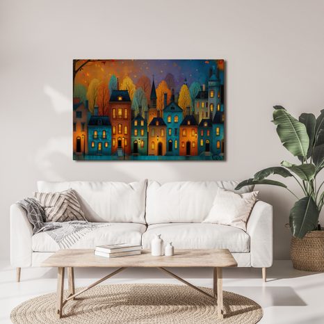 OBRAZ PODZIMNÍ VEČER V ULICÍCH - BAREVNÉ DOMY - OBRAZY