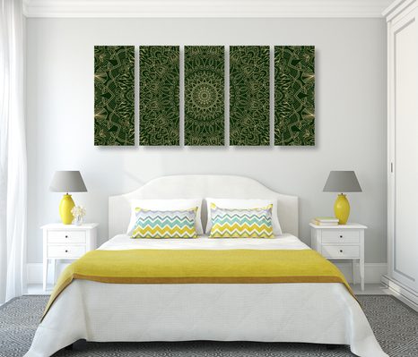 5-DÍLNÝ OBRAZ DETAILNÍ OZDOBNÁ MANDALA V ZELENÉ BARVĚ - OBRAZY FENG SHUI - OBRAZY
