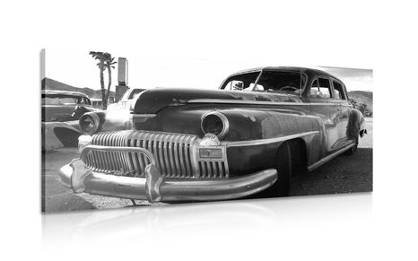 CANVAS PRINT CAR AT A JUNKYARD IN BLACK AND WHITE - BLACK AND WHITE PICTURES - PICTURES