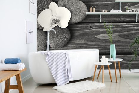 FOTOTAPETA ČERNOBÍLÉ KAMENY NA DŘEVĚ - ČERNOBÍLÉ TAPETY - TAPETY