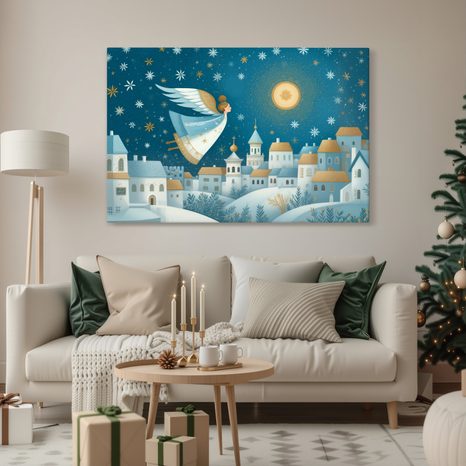 VÁNOČNÍ OBRAZ ANDĚL NAD ZIMNÍ VESNICÍ - VÁNOČNÍ A ZIMNÍ OBRAZY - OBRAZY
