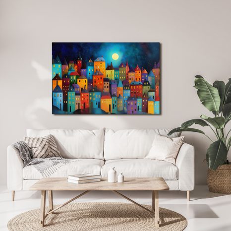 OBRAZ KOUZELNÁ NOC NAD MĚSTEM - BAREVNÉ DOMY - OBRAZY