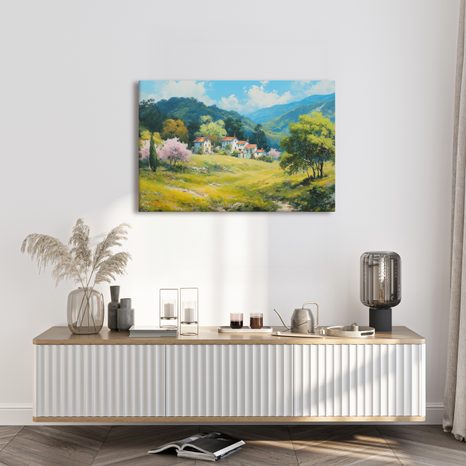 WANDBILD FRÜHLINGSLANDSCHAFT MIT DORF - BUNTE HÄUSER - BILDER