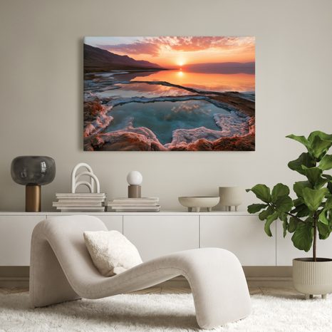 TABLEAU SUR TOILE – COUCHER DE SOLEIL ROSE SUR LE LAC SALÉ - TABLEAUX DU LAC - TABLEAUX