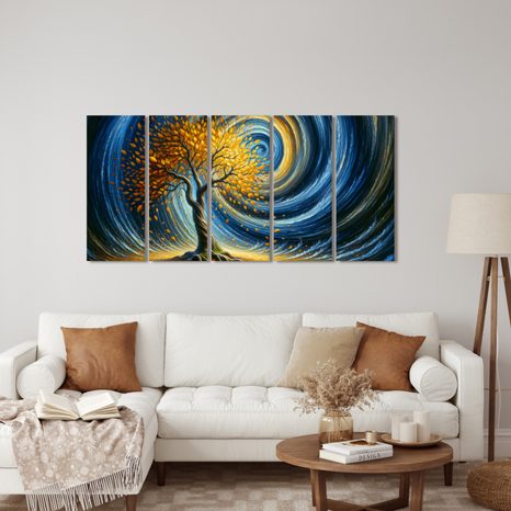5-DÍLNÝ OBRAZ ZLATÝ STROM ŽIVOTA VE VÍRU NOCI - OBRAZY STROMY ŽIVOTA - OBRAZY