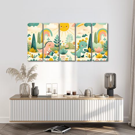 5-DIELNY OBRAZ VESELÉ DINOSAURY V DÚHOVEJ KRAJINE - DETSKÉ OBRAZY ZVIERATKÁ - OBRAZY