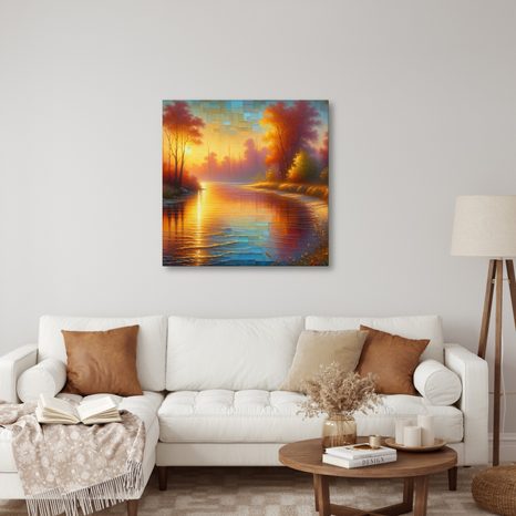 OBRAZ KLIDNÁ ŘEKA V PODZIMNÍM LESE - OBRAZY VÝCHOD A ZÁPAD SLUNCE - OBRAZY